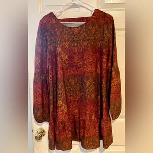 Wild Pearl Scoop Neck Floral Peasant Mini Dress Size S Red Orange Long Sleeve